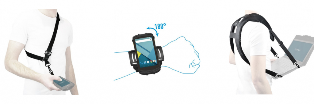 Accessoires de port Mobilis : bandoulière, brassard poignet, harnais pour PC portable